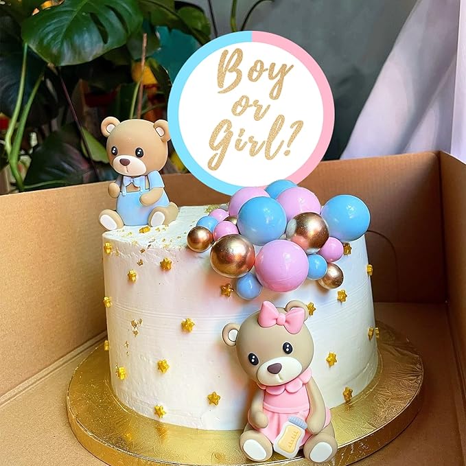 Bear Cake Toppers Gender Reveal Balls Cake Decorations for Boy Girl Gender Reveal Baby Shower Party Supplies