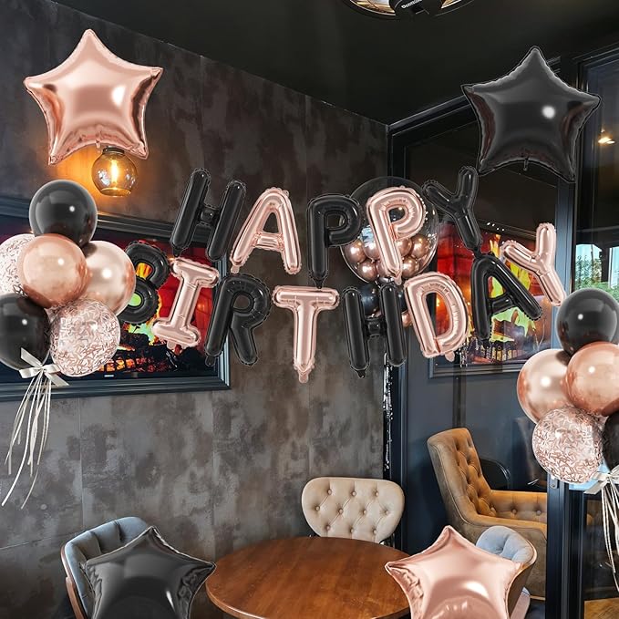 29PC Black Rose Gold Happy Birthday Balloon Banner, 16 Inch 3D Aluminum Letter Banner Sign, Pearl Metallic Rose Gold Black Balloon 18 Inch Star Foil Balloons for Women, Men Party Supply