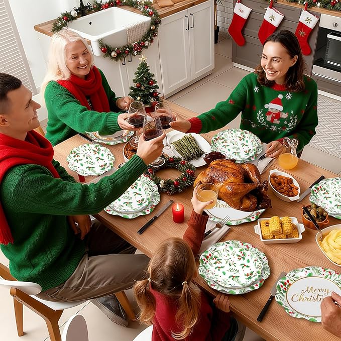 24 Pcs Merry Christmas Paper Plates Set - Disposable Round Christmas Plates, Holly Leaf Red Berry Dinner Dessert Plate Paper Dinnerware Kit for Winter Xmas Party Table Decorations Supplies Favors