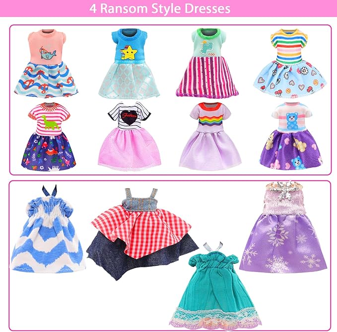25 Pcs 5.3 Inch Doll Clothes Suitcase Accessories 4 Dresses 3 Tops and Pant Outfits 3 Swimsuits 1 Luggage 3 Shoes 11 Travel Accessories Glasses for 5.3 Inch Dolls(Doll NOT Include)
