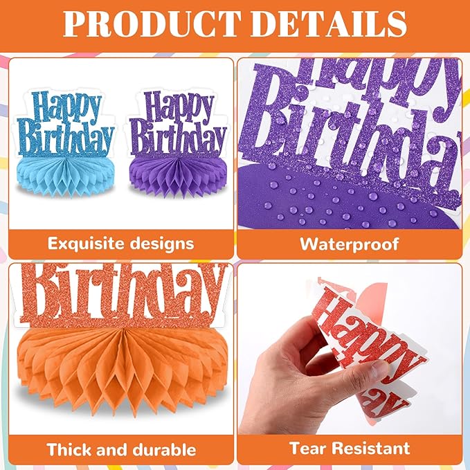 12Pcs Happy Birthday Centerpieces Colorful Birthday Party Decorations Glitter Happy Birthdays Table Honeycomb Centerpieces Decor Table Toppers Ornaments for Glitter Bday Themed Party Supplies Favors