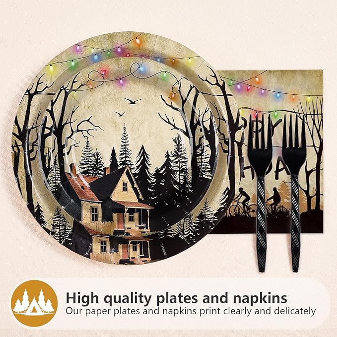 96Pcs Spooky Rustic Alphabet Decorations Retro Scary House Plates and Napkins Tableware Sets Retro Colorful Light Bulbs Party Decorations for Kids Birthday Stranger Party Supplies Serves 24