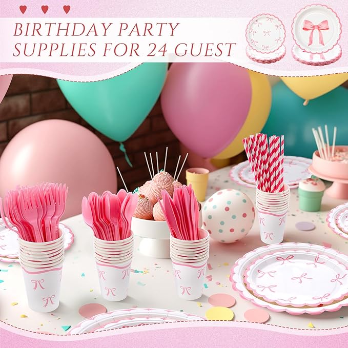 192 Pcs Pink Bow Party Supplies Severs 24 Guests Coquette Birthday Decorations Includes Plates Cups Napkins Tableware Sets for Girl Bachelorette Bridal Engagement