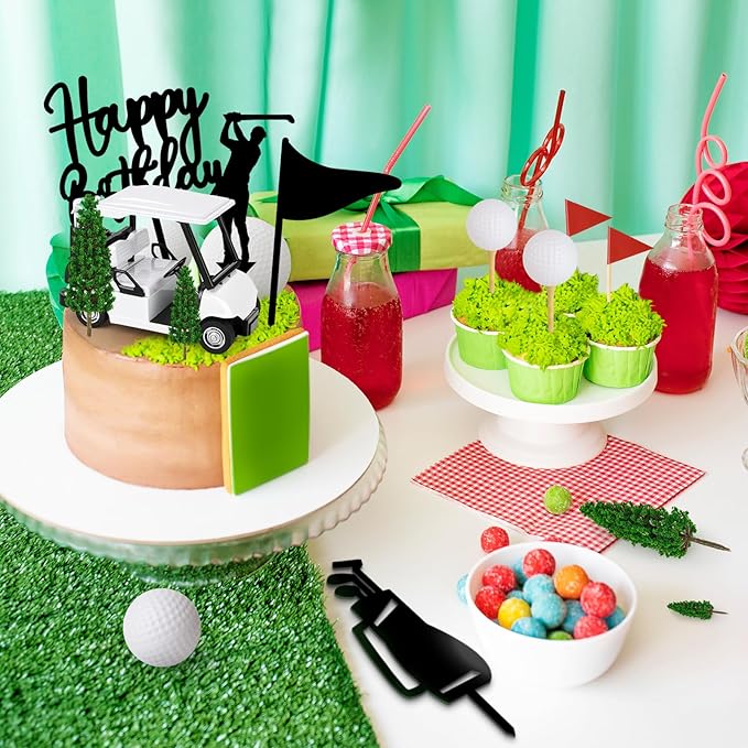 21 Pieces Golf Cake Decorations With Mini Cart, Ball, Green Tree, Clubs, Red Flag Cupcake Toppers for Sports Theme Birthday Party Decor Supplies