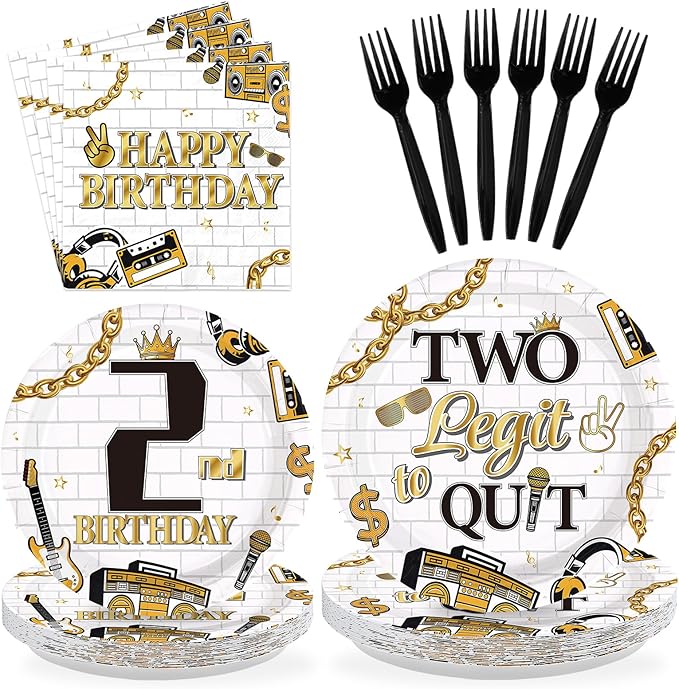 96Pcs Two Legit Quit Birthday Decorations Hip Hop 2nd Birthday Plates and Napkins Gold Black Rapper Theme Decorations for Kids Retro 90s Hiphop Two Years Old Bday Party Supplies Serves 24