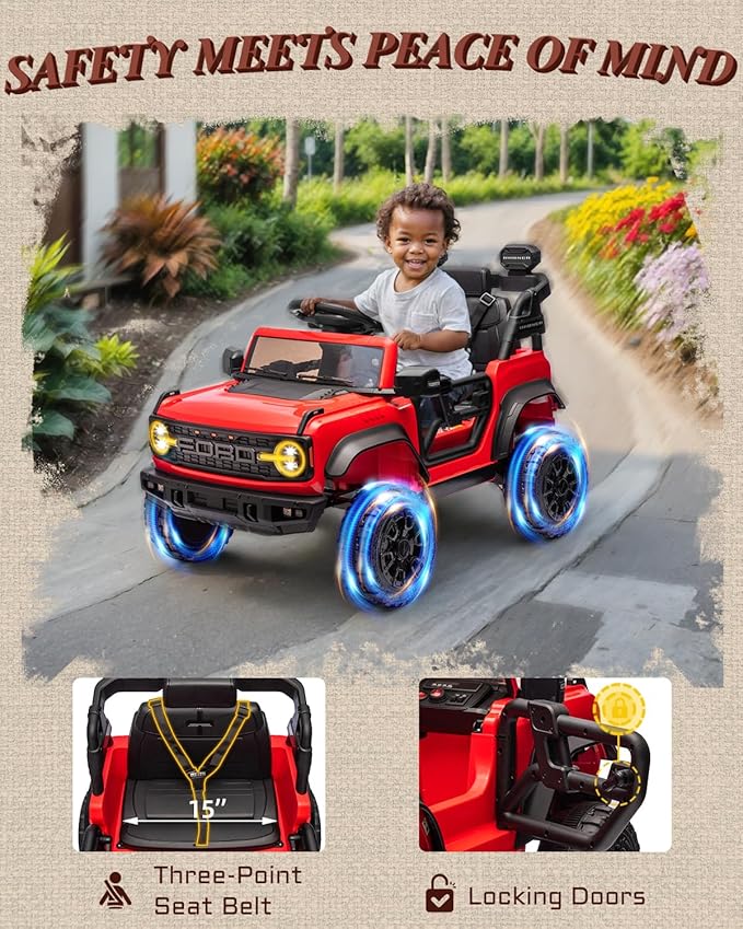 First Ride On Ford Bronco Raptor Licensed 12V Ride on Toys, Kids Ride on Car with Remote Control, Electric Car for Toddler with Smooth Start, Openable Doors, MP3 Player, 3 Speeds (12V, Red)