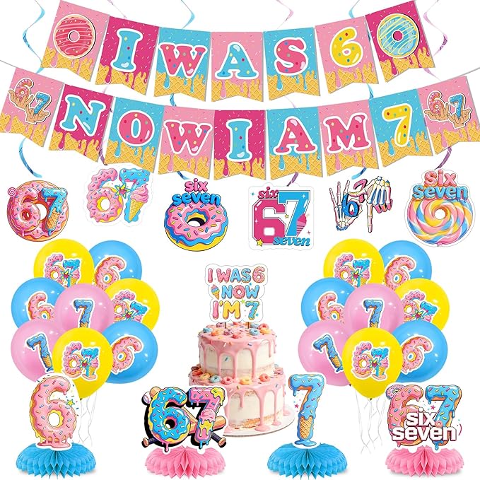 6 7 Birthday Party Decoration Set Funny 6 7 Meme Donut Theme Decor with Hanging Swirls Honeycomb Centerpieces I Was 6 Now I'm 7 Banner Cake Topper Blue and Pink Six Seven Party Supplies