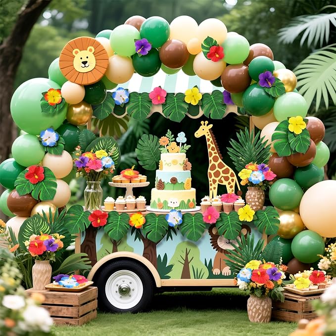 142Pcs Luau Party Decorations Fake Plant Palm Leave Monstera With Stems Hibiscus Flowers Artificial Tropical Leaves for Hawaiian Luau Safari Jungle Beach Wedding Birthday Theme Party Table Decorations