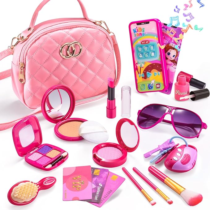 Little Girl Purse with Pretend Makeup Kit, Toddler Purses with Accessories, Kids Play Make up Toy with Handbags, Pink Princess Kit Gifts Toddler Girls Toys for 3 3-5 4-6 3 4 5 6 7 8 Year Old