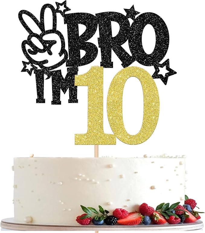1 PCS Brother I'm 10 Cake Topper Glitter Star Happy 10th Birthday Cake Pick Bro I'm 10 Cake Decoration It's My 10th Birthday Decorations for Boys Cheers to 10 Years Old Birthday Party Supplies Gold
