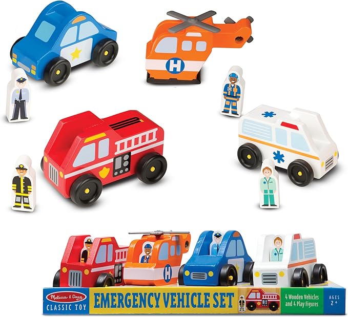 Melissa & Doug Emergency Vehicle Wooden Play Set with 4 Vehicles, 4 Play Figures