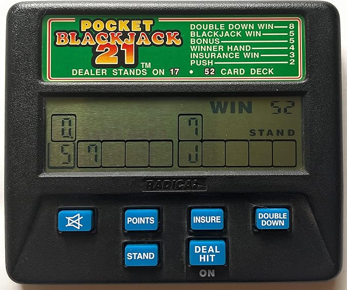 Radica pocket blackjack 1350 Radica Model#1340 Radica Pocket Blackjack 21 Lcd Electronic Hand-held Game (Blue Button Version with White Lettering)(has Sound Button, Points Button, Insure Button, Double Down Button, Stand Button, and Deal Hit Button)(ta...