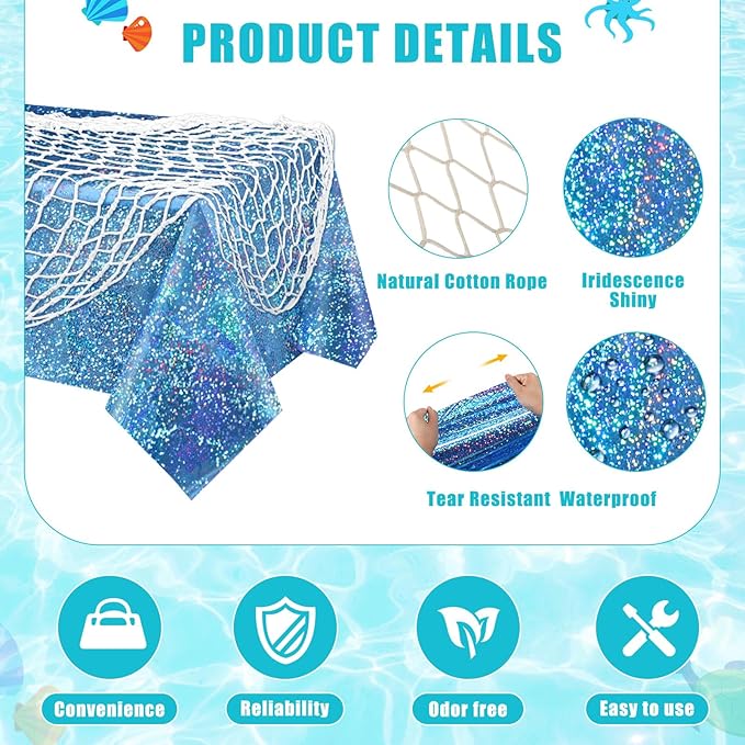 Unittype 6 Pcs Fish Net Decorative and Tablecloth Set, Cotton Fishnet and Plastic Table Cover Decorations Set for Nautical Themed Party Baby Shower Pirate Decorations Mermaid Party(Laser Shine)