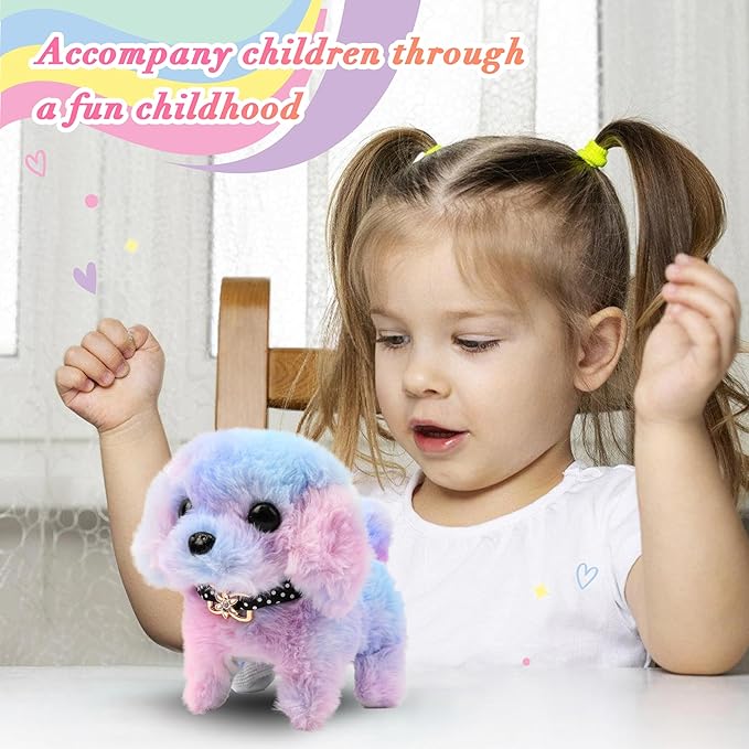 Easfan Walking Puppy Stuffed Animal Interactive Rainbow Dog Barking Tail Wagging Head Nodding Educational Plush Toy Easter Christmas Birthday Gifts for Toddlers Kids Girls, 7"