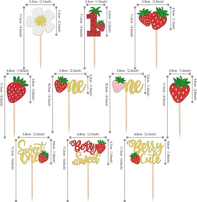 30 PCS Sweet One Strawberry Cupcake Toppers Glitter Sweet Berry 1st Birthday Cupcake Picks Strawberry Birthday Decorations for Baby Shower Kids First Birthday Party Cake Decorations Supplies Gold