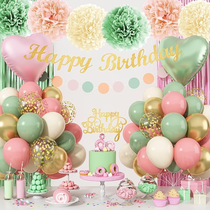Sage Green Pink Birthday Decorations, Blush Pink Olive Green Gold Sand White Latex Confetti Balloons Boho Happy Birthday Banner Fringe Curtain Pompom for Women Girls Woodland Fairy Party Decor