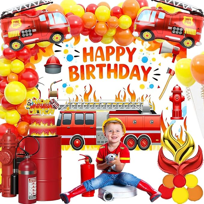 Fire Truck Birthday Party Decorations Kit – Firefighter Party Supplies with Happy Birthday Backdrop, Table Cover, Cake Toppers and Foil & Colorful Balloons for Kids Rescue Theme Party