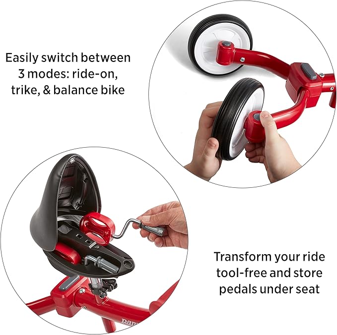 Radio Flyer Triple Play Trike, For Ages 1-3, 3-in-1 Ride-On, Tricycle or Balance Bike, Tool-Free Transformation, Adjustable Padded Seat, Pedal Storage, Ringing Bell, Steel Frame, Tricycle for Toddlers