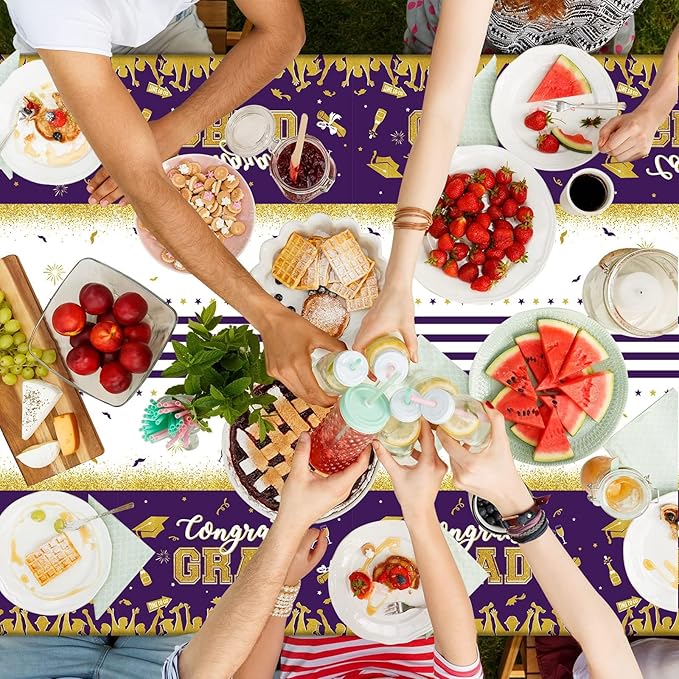 chiazllta Set of 3 Graduation Tablecloths Class of 2025 Congrats Grad Purple Graduation Party Tablecover Decorations Party Supplies Large Size Plastic 54"x108"(Purple & Gold)