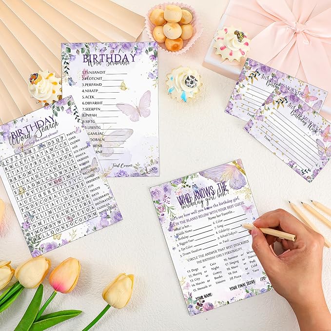 Fumete 100 Pcs Who Knows The Birthday Girl Best Cards with 20 Pre Pointed Pencils Set for 20 Guests, Girls Birthday Night Game Ideas, Girls Her Sleepover Party Supplies, 4 Activities(Butterfly)