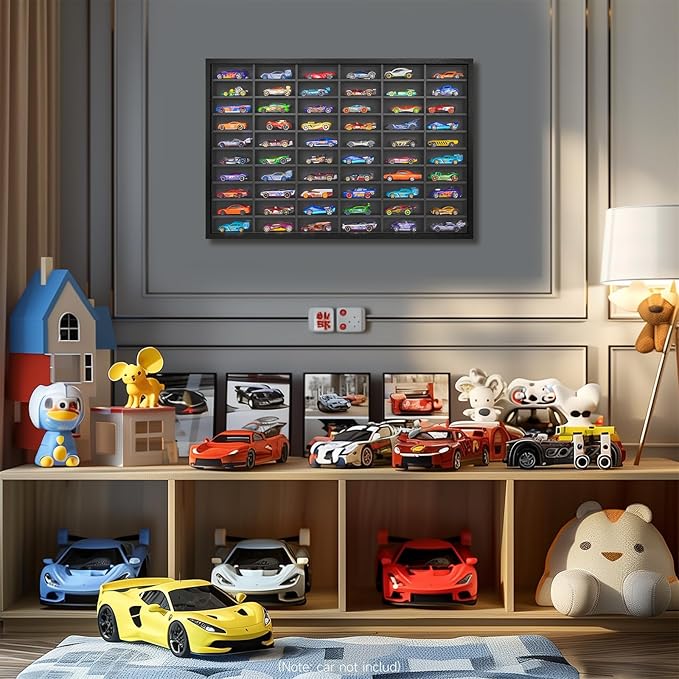 SIXPOINTS Diecast Model Car Display Case ,1/64 Scale Hot Wheels, Matchbox Toy Cars Organizer Storage Cabinet Wall Mount with Acrylic Glass Door, Stores up to 60 Cars