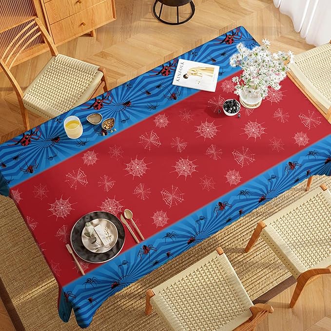 Spider Tablecloth 54×108 Inch, Red and Blue Table Cover with Spider Web Design, Disposable Table Decoration for Boys Birthday Party and Superhero Theme Events, Kids Theme Party Supplies