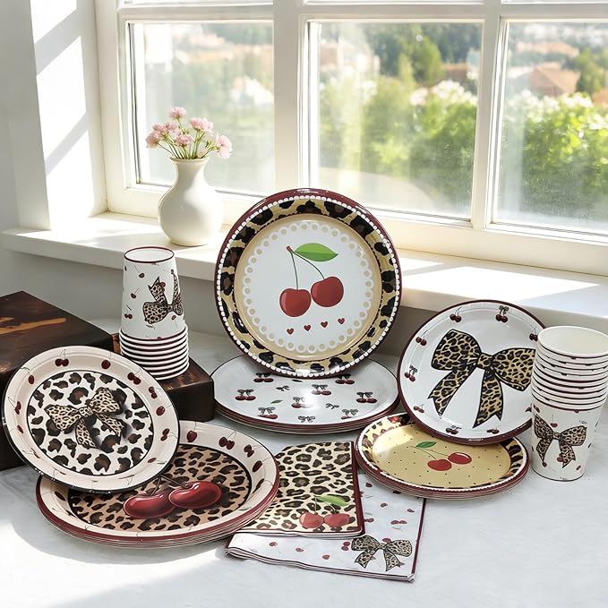 120PCS Cheetah Print Birthday Decorations Plates, Leopard Print Party Paper Plates Napkins and Cups, Leopard Cherry Theme Disposable Dinner Plate Tableware, Animal Print Plates Party Supplies Serve 30