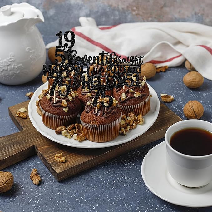 30PCS Black 75th Birthday Cupcake Toppers Glitter Seventy Five Happy 75th Straight Outta 1951 Cupcake Picks for Cheers to 75 Years Birthday Anniversary Party Cake Decorations Supplies