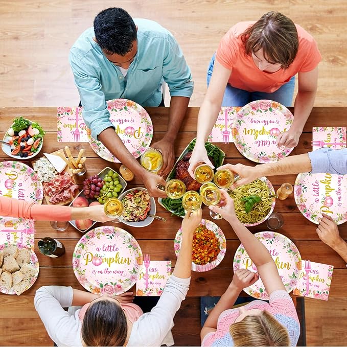 96Pcs Fall Little Pumpkin Baby Shower Plates and Napkins, Autumn A Little Pumpkin is on The Way Party Supplies Decorations Thanksgiving Girl Pink Floral Baby Shower Tableware Kit, Serves 24