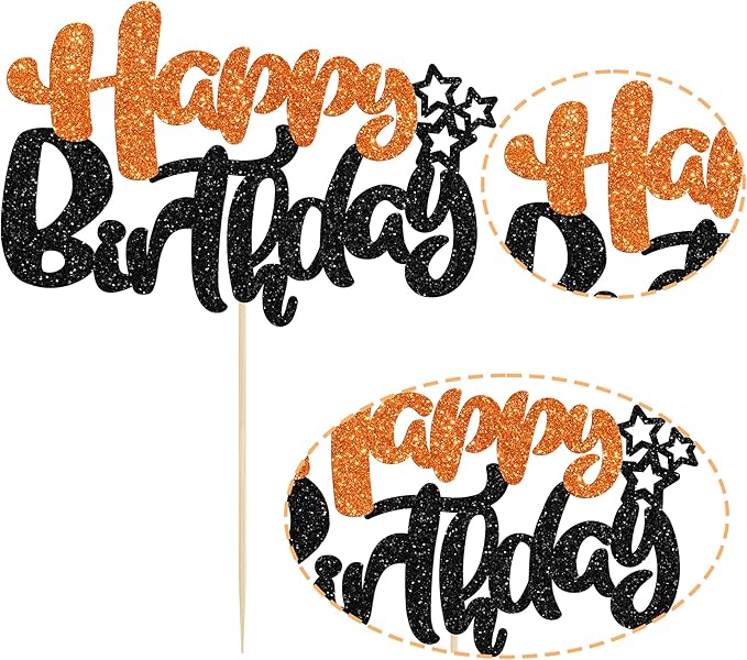 Ephlyn 1Pcs Happy Birthday Cake Topper Glitter Happy Birthday Cake Pick for Halloween Baby Shower Theme Anniversary Party Cake Decorations Supplies Black Orange