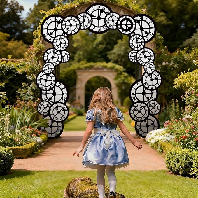 Preboun Wonderland Tea Party Decoration 6.56 x 4.9 ft Clock Door Banner Wonderland Garland Photo Props Background for Birthday Baby Shower Tea Party Supplies