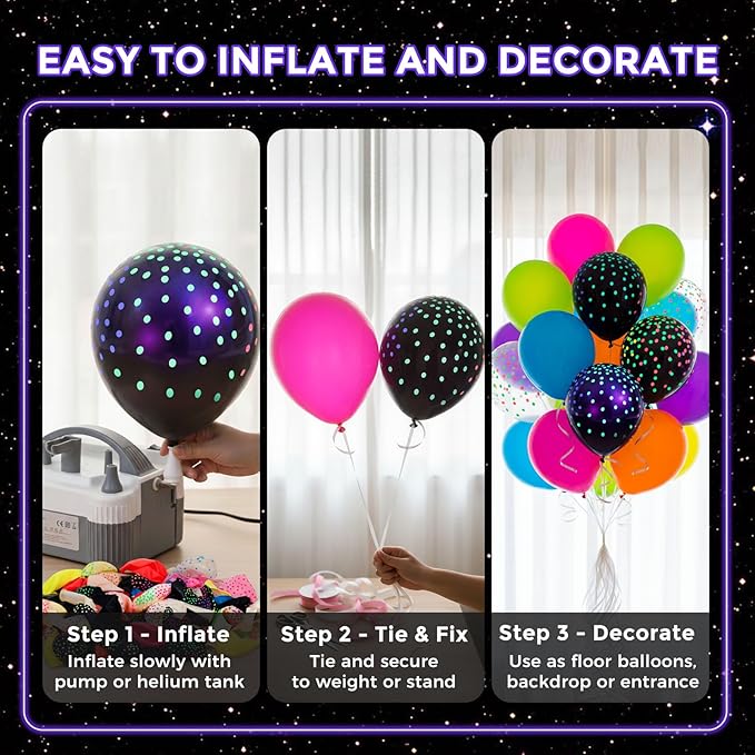 LovesTown 66PCS Glow Balloons Assorted, UV Neon Latex Balloons 12" with Small Dots for Birthday Wedding Glow Party Supplies