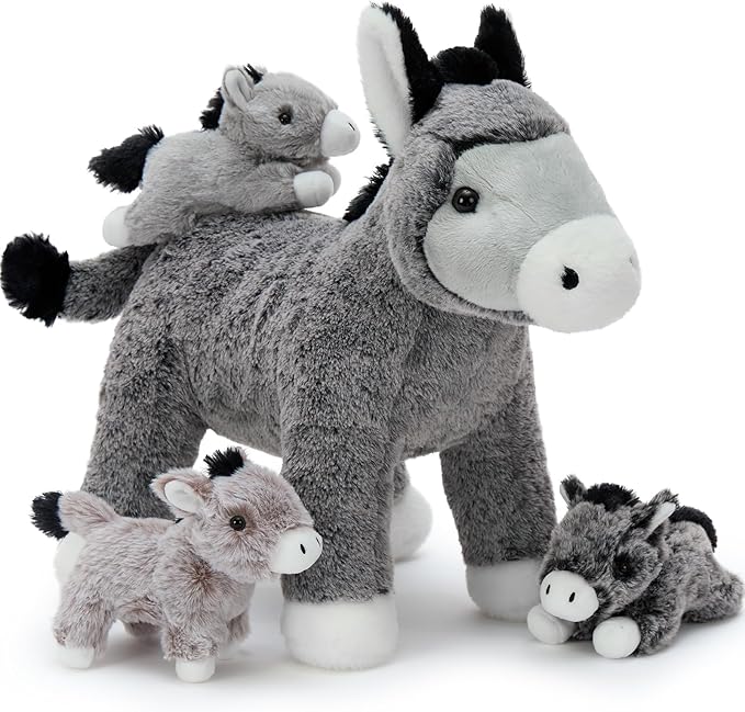 4Pcs Donkey Stuffed Animal Plush, Large Donkey Mommy 20“ with 3 Babies Inside - Unzip The Belly to Reveal Surprise Plush Toy - Family Role Play Gift Set for Kids, Boys & Girls