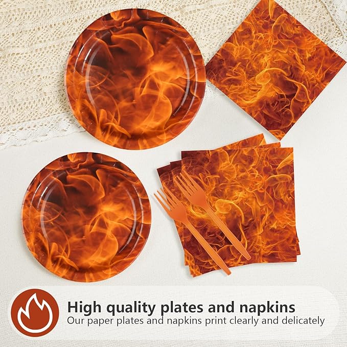 96Pcs Fire Party Decorations Fire Flame Plates and Napkins Fireman Themed Tableware Set for Firefighter Birthday Bonfire Firetruck Theme supplies Party Supplies Serves 24