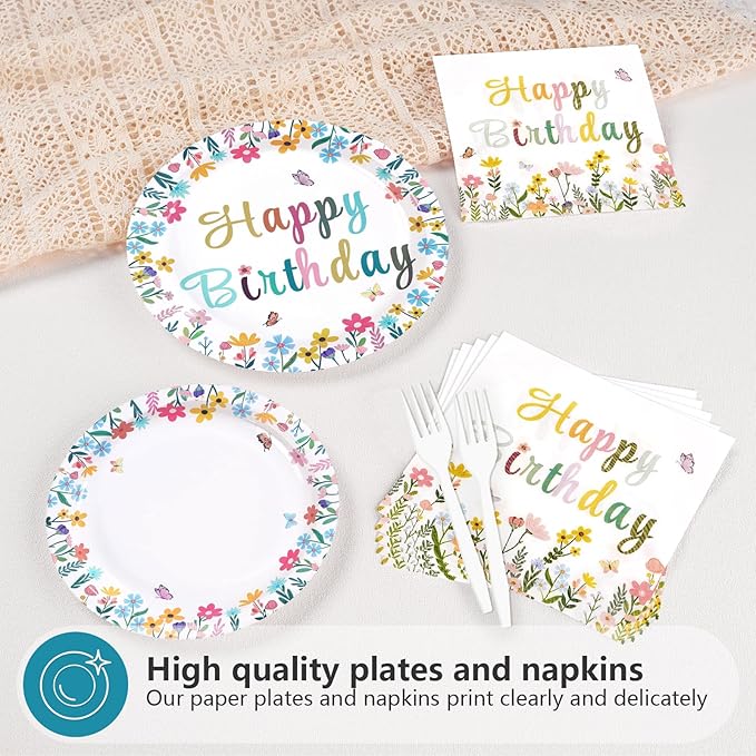 96Pcs Spring Flower Birthday Party Decorations Colorful Wildflower Plates and Napkins Groovy Boho Floral Leaf Disposable Paper Tableware Set for Wedding Tea Garden Party Supplies Serves 24
