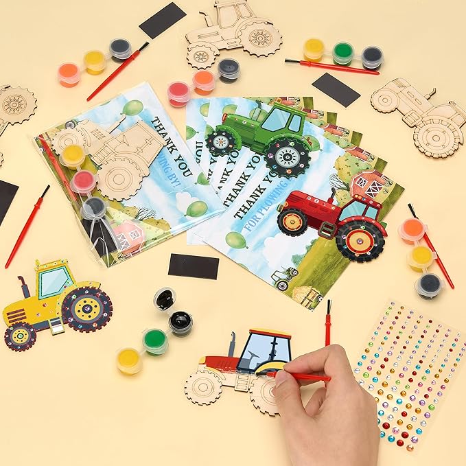 Bafeil 24 Sets Tractor Party Favors, DIY Wooden Painting Crafts Kit with Magnets, Tractor Birthday Party Supplies, Farm Theme Party Decorations Goodie Bags Gifts Stuffers Prizes