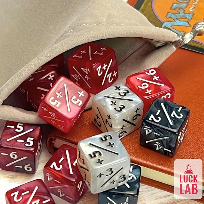 Luck Lab MTG Magic Life Counter Dice, 48 PCS - Compatible w/Magic Card Game Accessories, CCG Creature Stats w/ 2 Dice Bags (Red Pearl, Red Swirl, White Pearl, Black Pearl), 16 mm