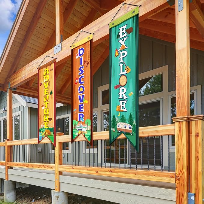 3 Pcs Camping Banners Party Decorations Camping Porch Sign Camper Adventure Door Banners Wall Decor for Camper Adventure Theme Birthday Celebrating Baby Shower Classroom Decorations