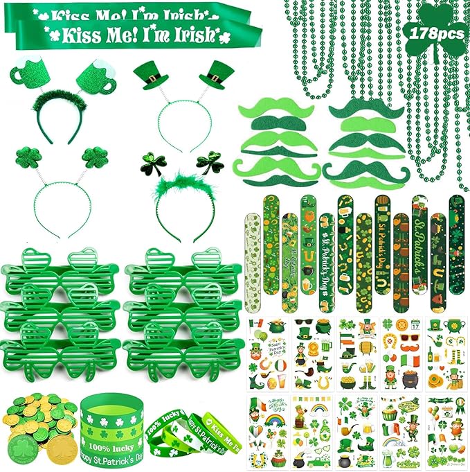 LSCQYYCC- St. Patrick's Day party gift set, including shamrock glasses, soft rubber bracelets, beaded chains, mustaches, hair bands, and Irish-themed party supplies with themed stickers