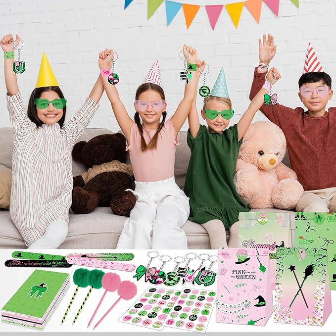 84pcs Pink and Green Witch Party Favors Birthday Decorations Pens Notepads Sunglasses Paper Gift Bag Key Chains Slap Bracelet Sticker Halloween Themed Party Supplies for Kids Student Gift School Party