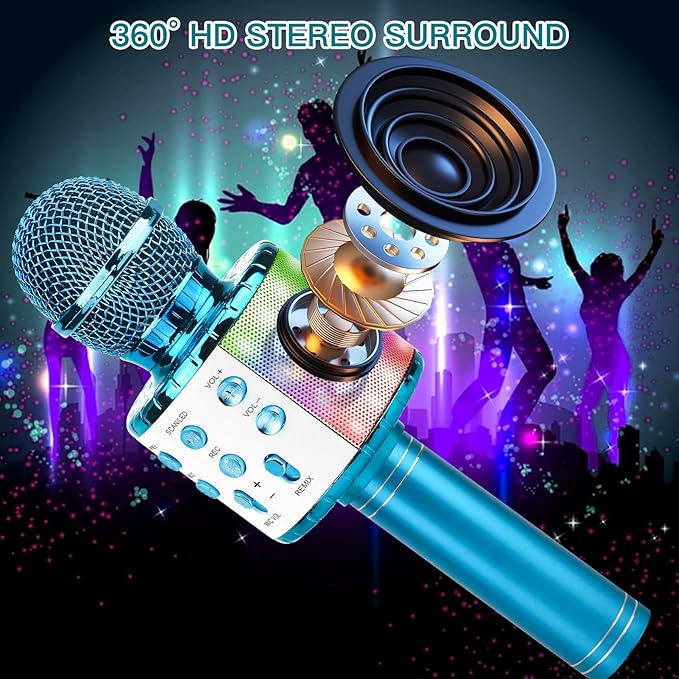 ShinePick Karaoke Microphone, 4 in 1 Wireless Microphone with LED Lights Handheld Portable Karaoke Machine, Home KTV Player, Compatible with Android & iOS Devices(Blue)