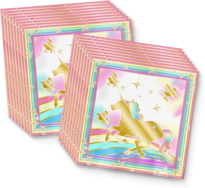 Gold Rainbow Unicorn Pegasus Birthday Party Supplies Set Plates Napkins Cups Tableware Kit for 16