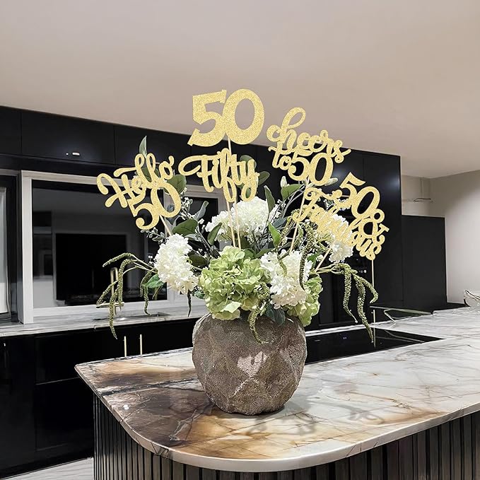 Gyufise 15Pcs 50th Birthday Centerpiece Sticks Fifty Happy 50th Table Flower Centerpieces Sticks Cheers to 50 Floral Decorations for 50th Birthday Party Centerpieces Supplies Gold