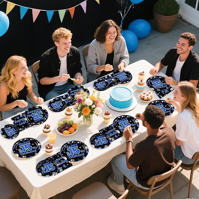 Grencian 96Pcs 15th Birthday Party Decorations for Boys Blue and Black 15th Birthday Plates Disposable Official Teen 15 Tableware for Teen Boy I’m 15 Bro 15 Years Old Halloween Party Serves 24