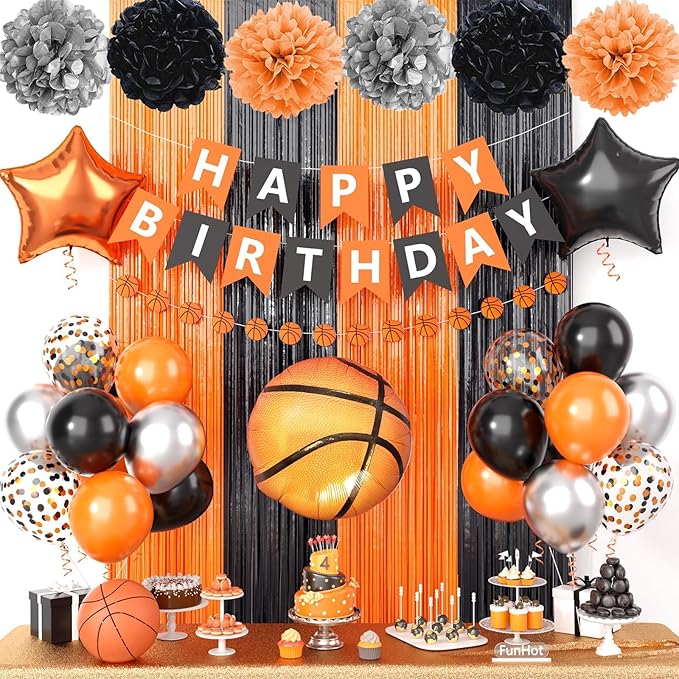 Basketball Party Supplies,Basketball Theme Birthday Decorations,Include Orange Black Balloons Happy Birthday Banner Fringe Curtain Tissue Paper Pompoms Garland
