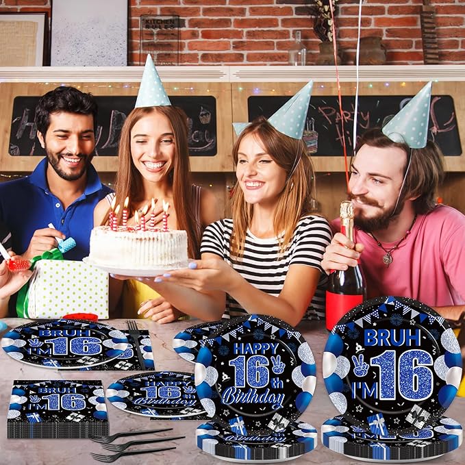 96PCS 16th Birthday Party Paper Plates and Napkins and Forks Set for Blue and Silver Bruh I'm 16 Years Old Party Paper Plates Disposable Decor Happy 16th Parties Set for Teens Birthday Decorations