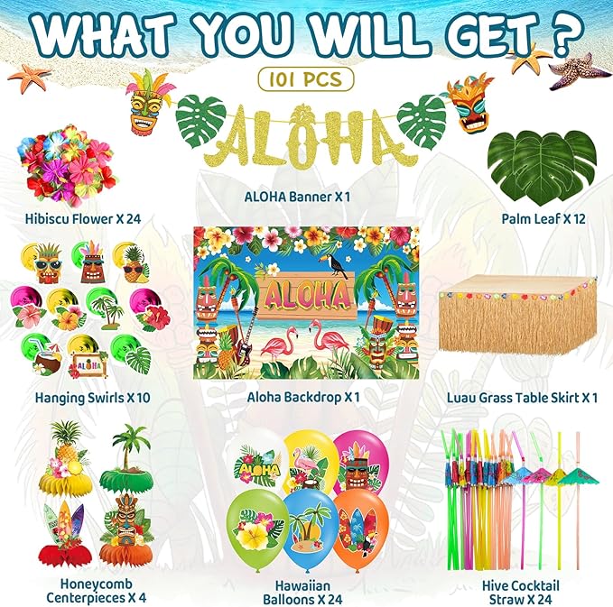 101PCS Hawaiian Themed Party Decorations Set, Tropical Beach Aloha Summer Party Supplies, Including Backdrop, Table Skirt, Honeycomb Centerpieces, Balloons for Luau, Tiki Birthday Party