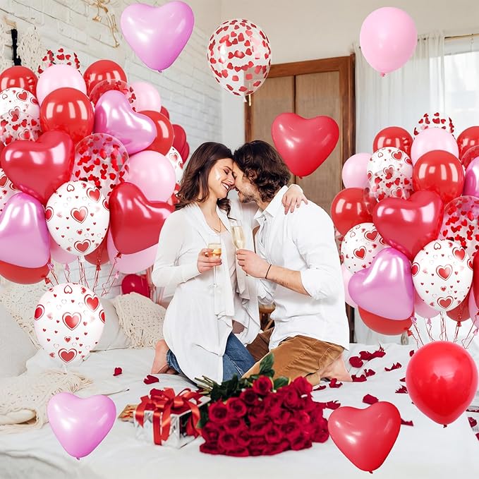 Light Pink and Red Balloons, 12 Inch 50 Pcs Pink and Red Heart Shaped Latex Balloon, White Heart Printed Balloons, for Valentine’s Day Wedding Engagement Anniversary Birthday Party Decorations