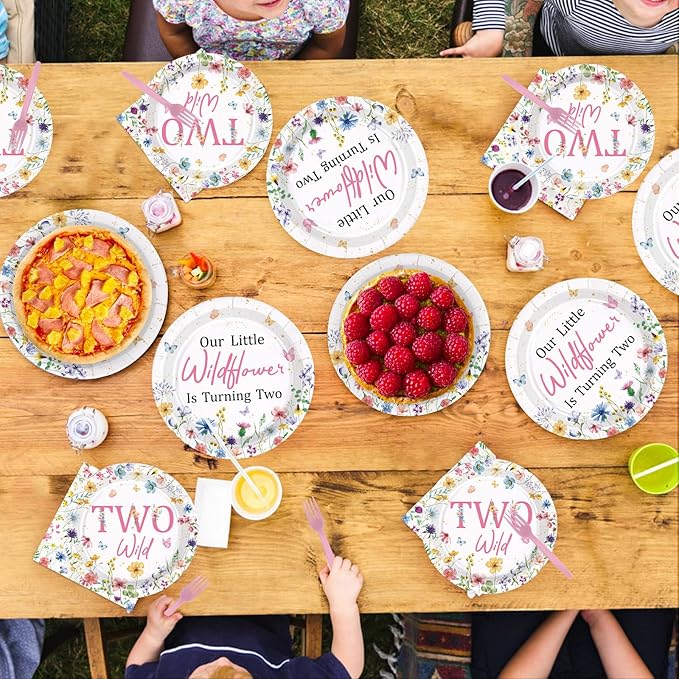 96Pcs Wildflower 2nd Birthday Decoration Our Little Wildflower Is Turning Two Plates and Napkins Spring Flowers Second Birthday Decorations for Girls Floral Two Years Old Bday Party Supplies Serves 24