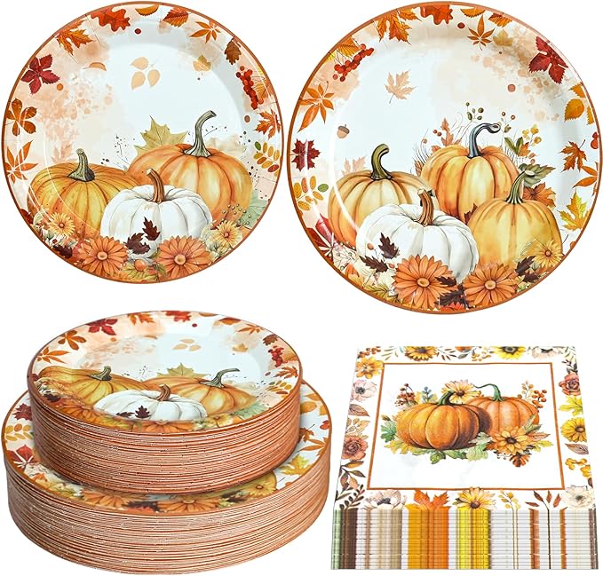 180 Pcs Fall Paper Plates and Napkins,Thanksgiving and Pumpkin Plates Disposable Dinnerware Set for Autumn Thanksgiving Party Supplies,Serve 60 Guests